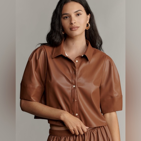 NWT Maeve Lantern Sleeve Faux Leather Blouse - Picture 1 of 3